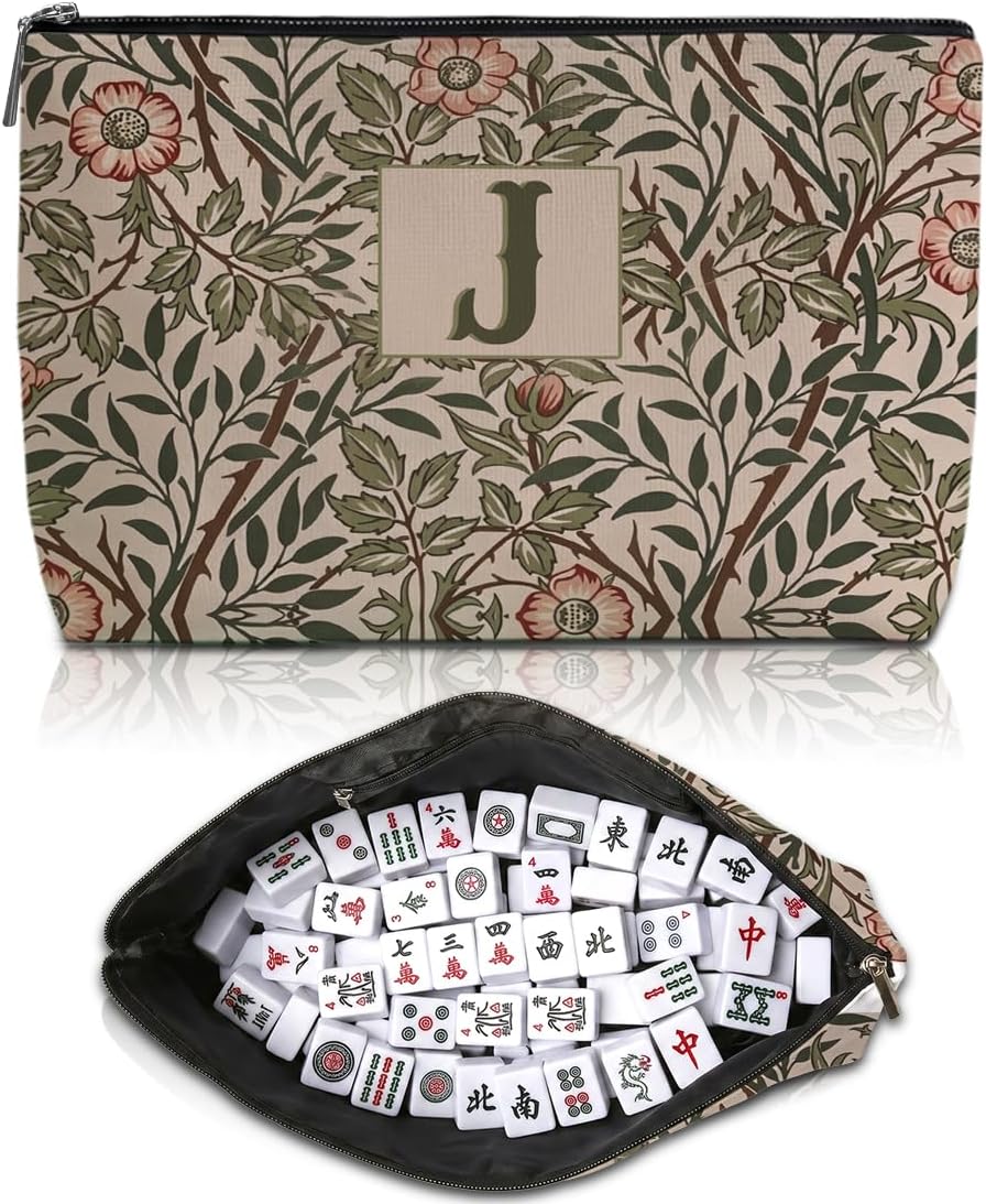 Personalized Initial Letter J Floral Mahjong Tile Bag Makeup Bag(Case Only)