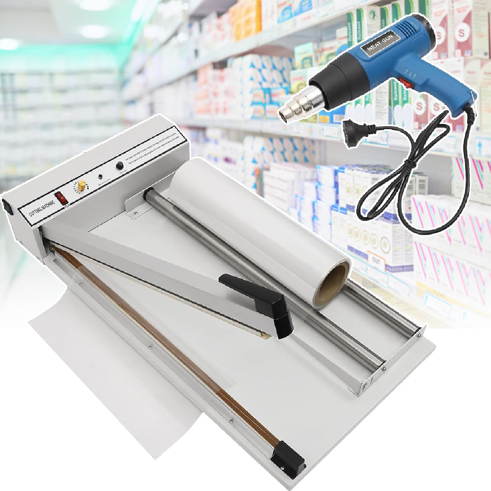 Schrumpffolien-Schrumpfverpackungsmaschine mit Testfolienrolle und Heißluftpistole, Folienschweißgerät mit Heißluftpistole für PP-, PE-, PVC- und POF-Folie (450 W)