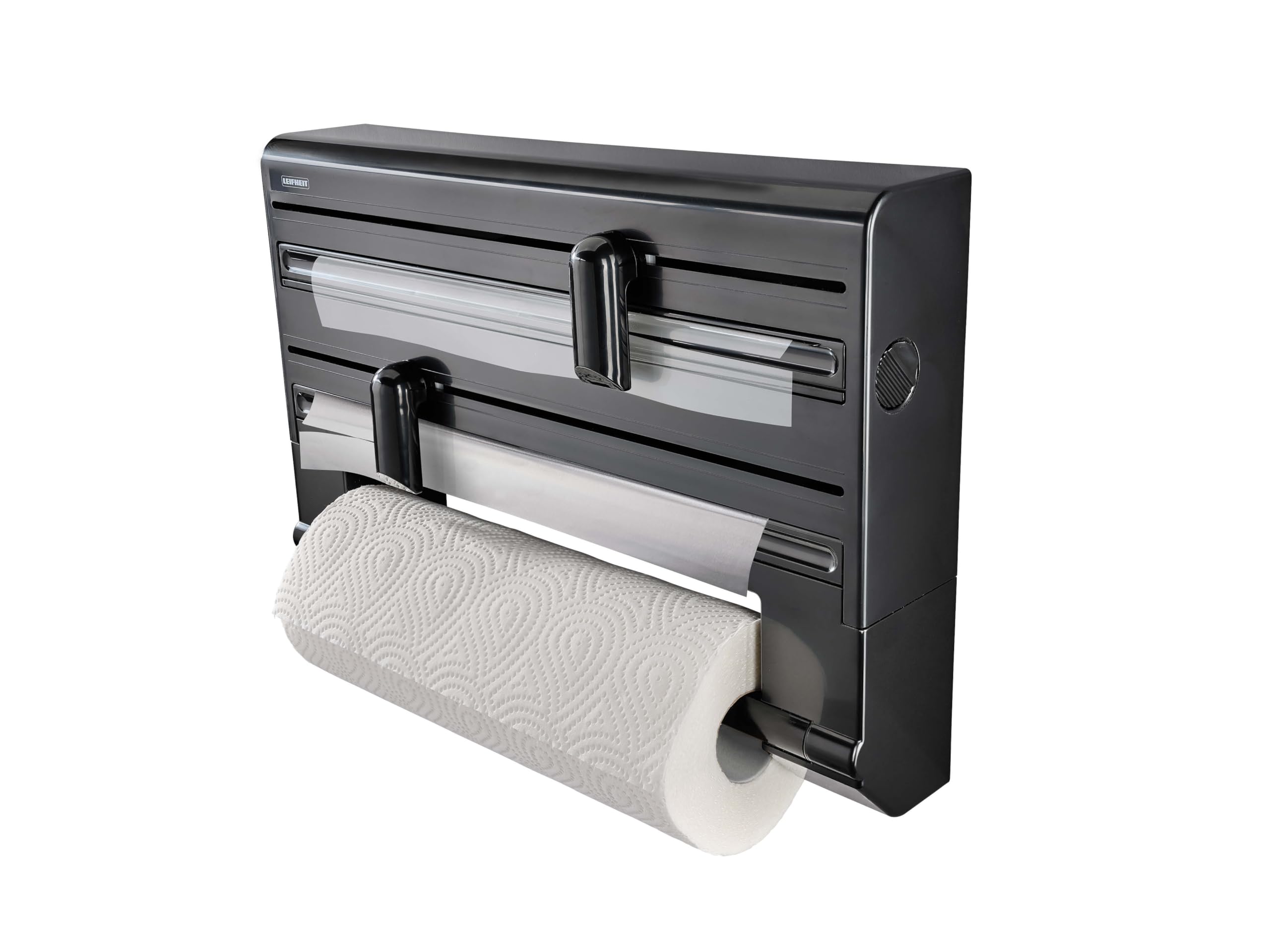 Leifheit Parat Black wall mounted roll holder, kitchen roll holder wall mounted in a modern design for three rolls, clean cut edges, kitchen roll dispenser with ergonomic shape, black