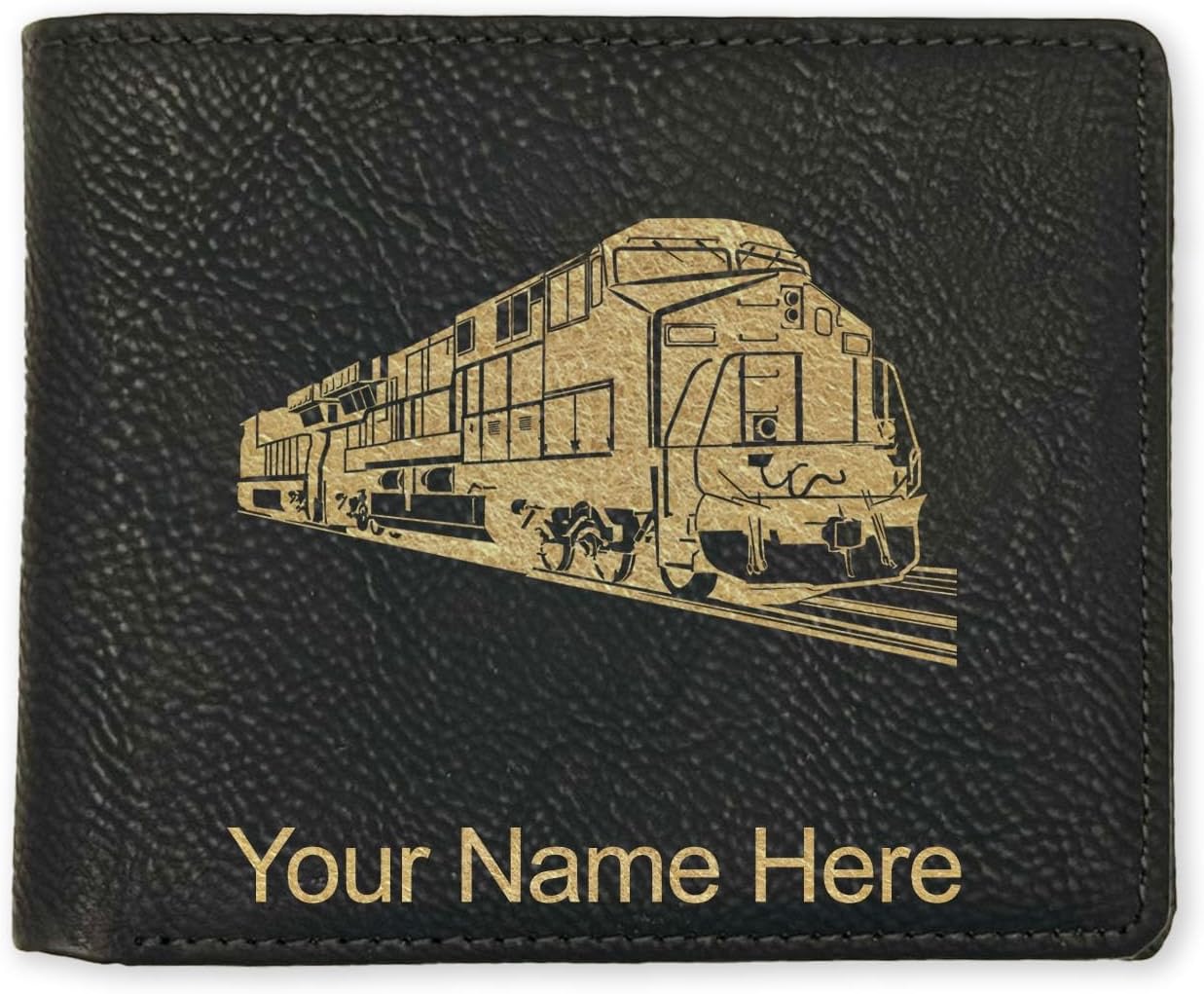 LaserGram Faux Leather Bi-Fold Wallet, Freight Train, Personalized Engraving Included (Carbon Fiber Black with Silver)