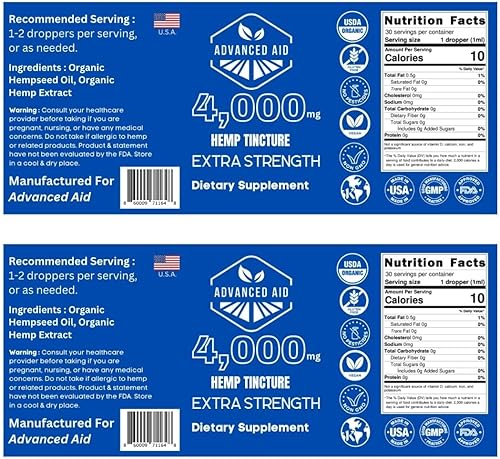 Miniatura 6 de Advanced Aid Gotas de aceite de extracto de cáñamo orgánico certificado ácidos grasos Omega 3 6 y 9 4000 mg CO2 ultrapuro sin OMG extraído  Paquete