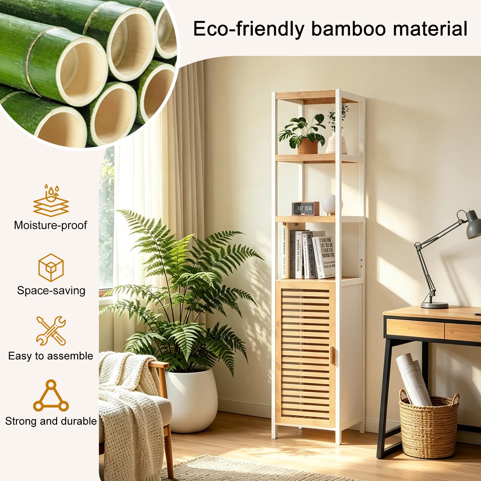 Étagère en Bambou Salle de Bain, Meuble de Rangement en Bambou avec 3 Compartiments Ouverts et Armoire, Aucun Perçage Requis, pour Salle de Bain, Salon, Cuisine, 33 x 33 x 165 cm