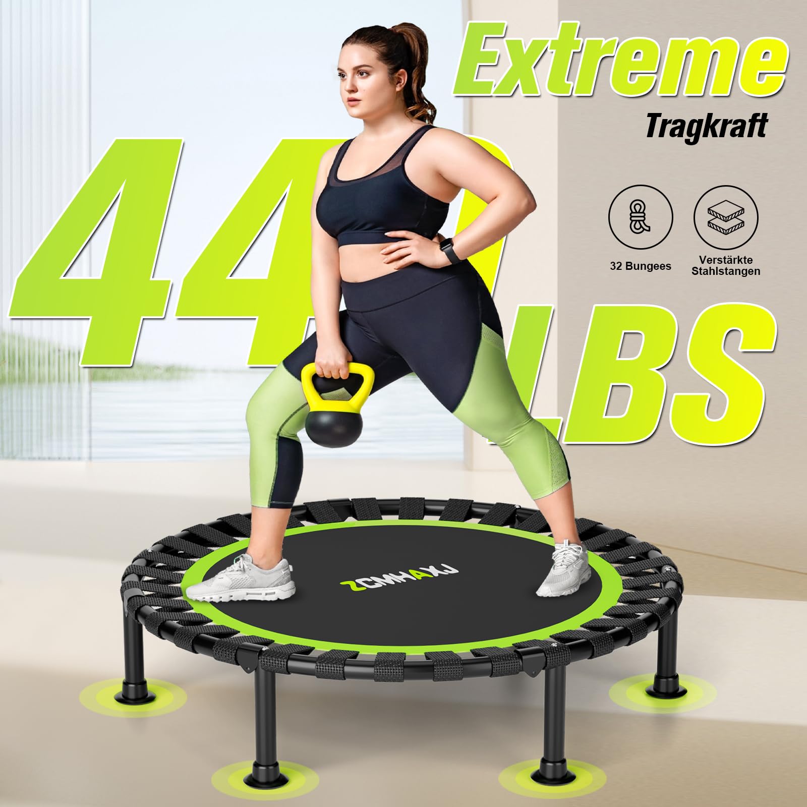 ZCMHAXJ Faltbares Mini-Trampolin, 101,6 cm, Rebounder-Trampolin für Erwachsene und Kinder, 204 kg Kapazität mit/ohne U/T-Form, verstellbare Stange, Indoor-Fitness-Workout-Übungsgerät