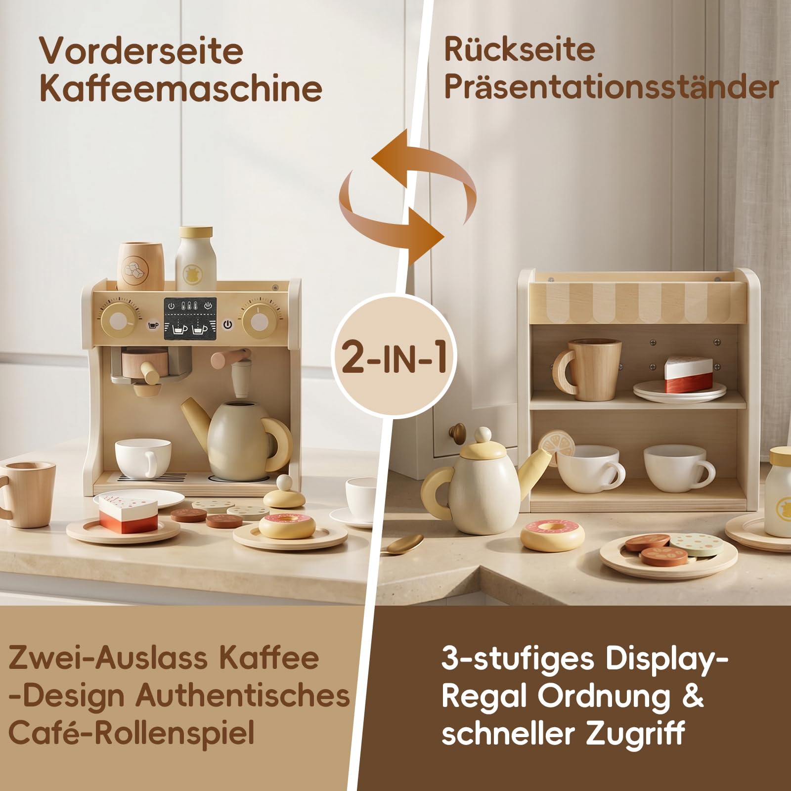 Holz Kaffeemaschine Spielzeug für Kinder, Montessori Espresso Maschine zum Rollenspiel mit Kaffeetassen und Desserts, Kinderküche Spielzeug, Geschenk für Jungen & Mädchen