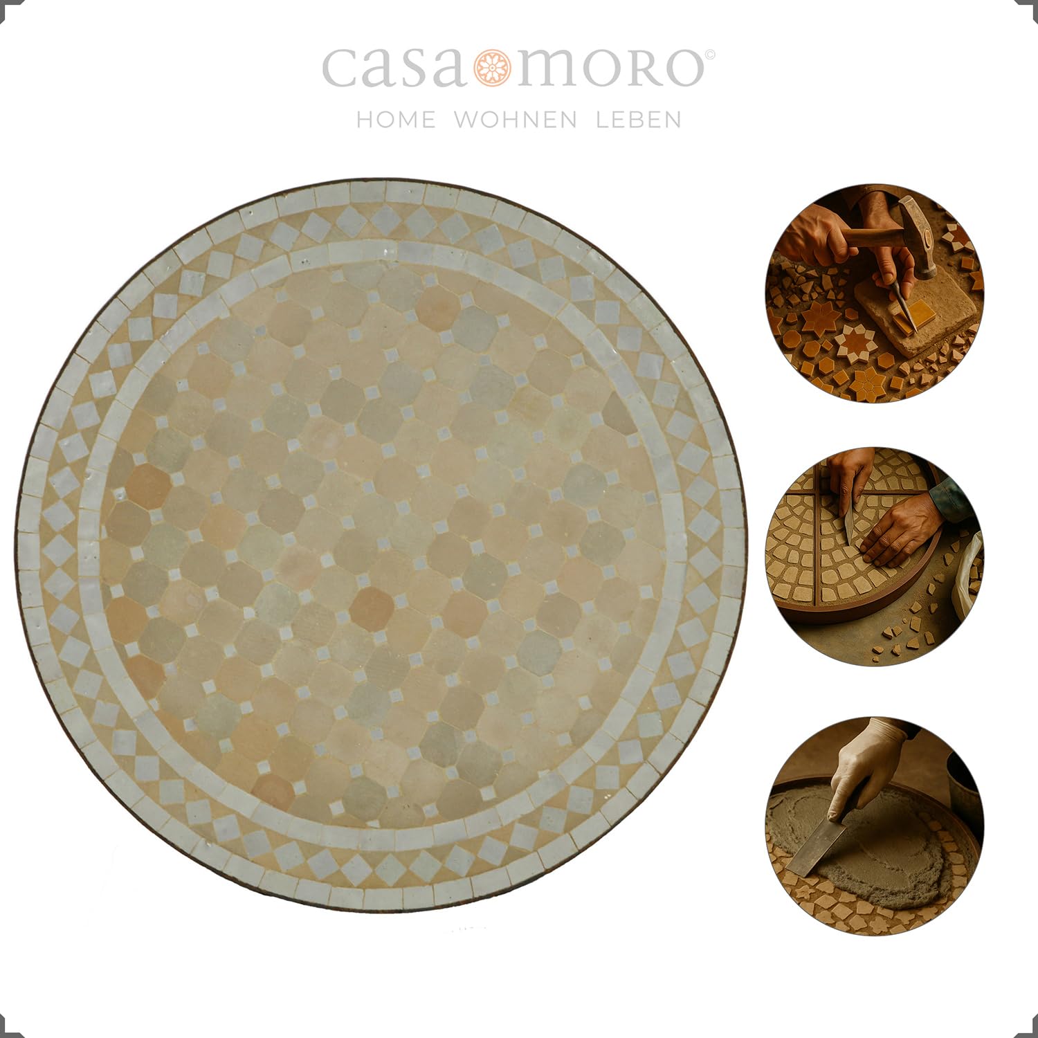 Mesa de jardín mediterránea | Mosaico marroquí " Rombo blanco " | Diámetro 60 cm con marco de hierro | Hecho a mano | Mesa de terraza decorativa, mesa de cóctel de jardín | MT2029