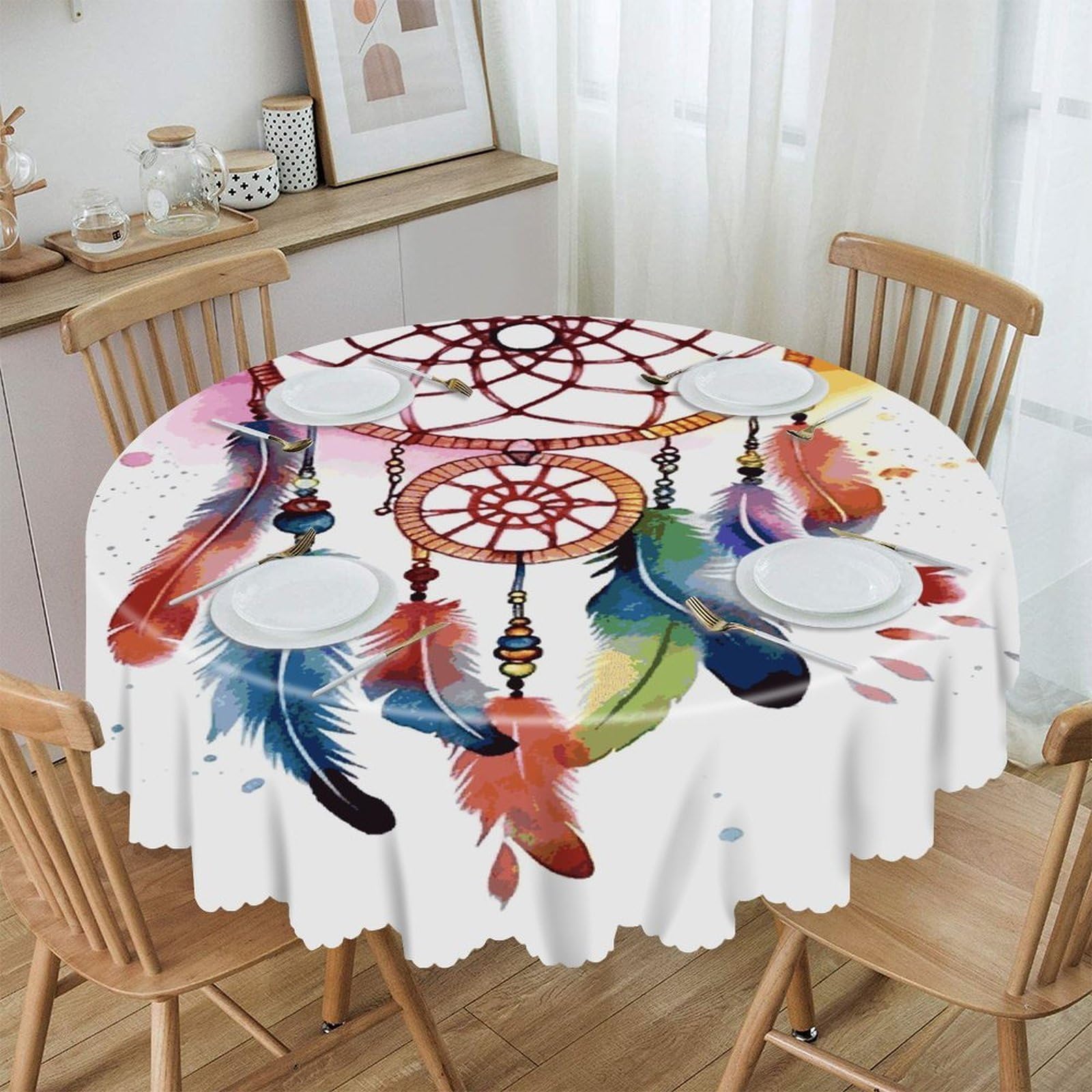 VstaDank Watercolor Dream Catcher Round Tablecloth 60 Inch Easy to Clean Circle Table Cover Thick Decorative Round Polyester Table Cloth for Dining Kitchen Party Farmhouse Outdoor