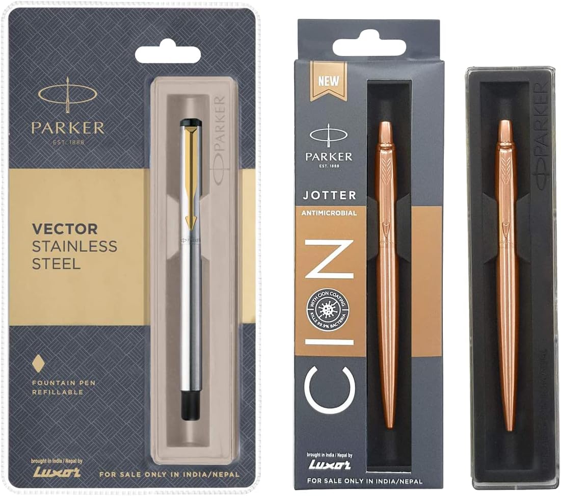 Vector Stainless Steel GT Fountain Pen & Parker Jotter Anti Microbial Stainless Steel Ball Pen (Ink - Blue)
