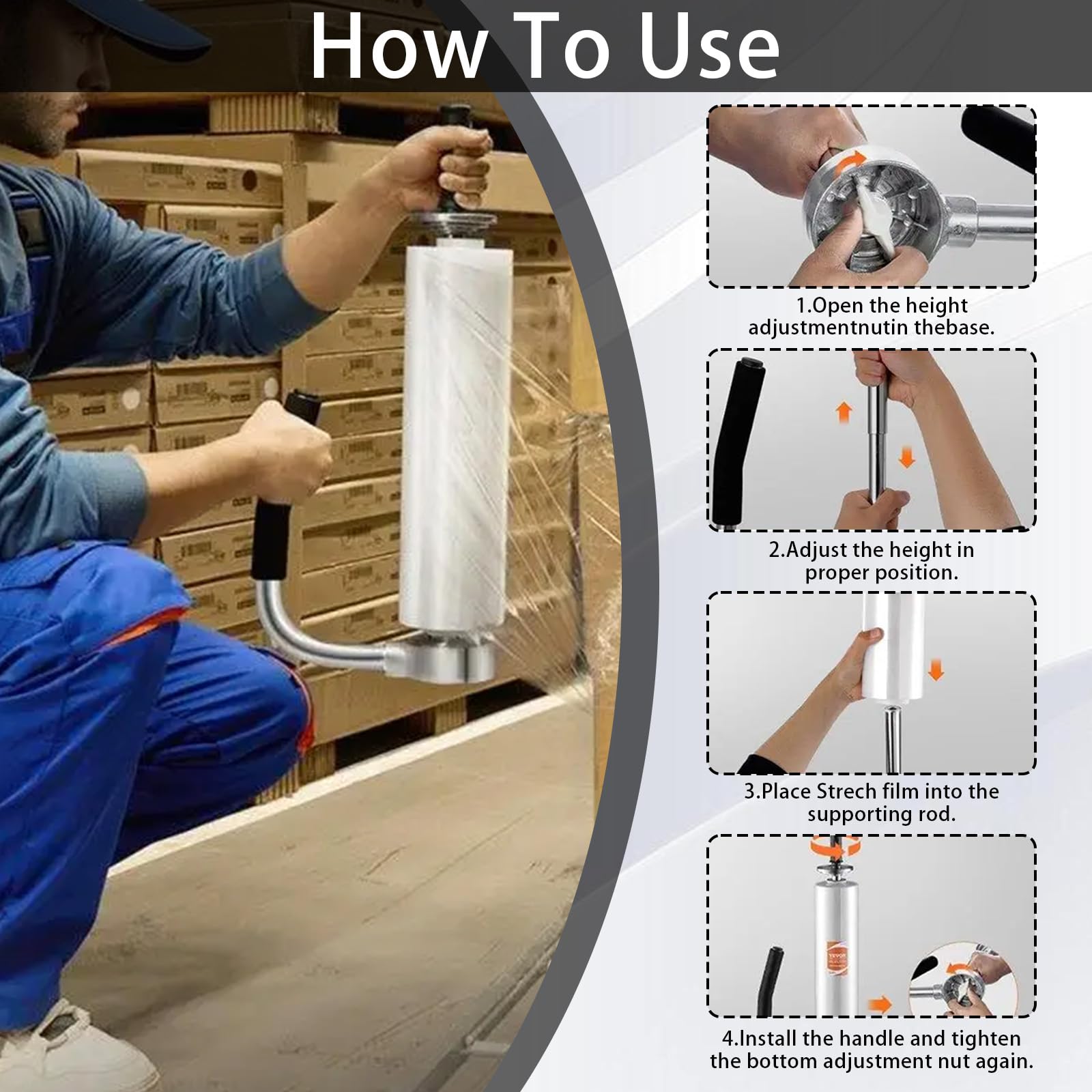 Stretchfolienspender, Manueller Abroller Stretchfolie für Rollen von 30-50 cm breit Metall Folienziehvorrichtung mit Griff für Verpackung von Möbeln Maschinen und anderen großen Gegenständen