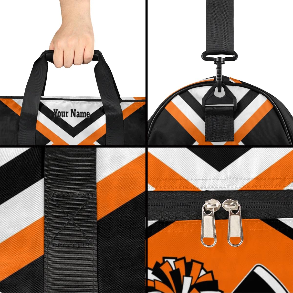 Personalized Cheer Duffel Bag Cheerleader Weekender Overnight Bag Custom Name Team Gift Lightweight Gymnastics Dance Bag Waterproof Sport Gym Travel Collapsible Carry on Tote Bag Orange Black White