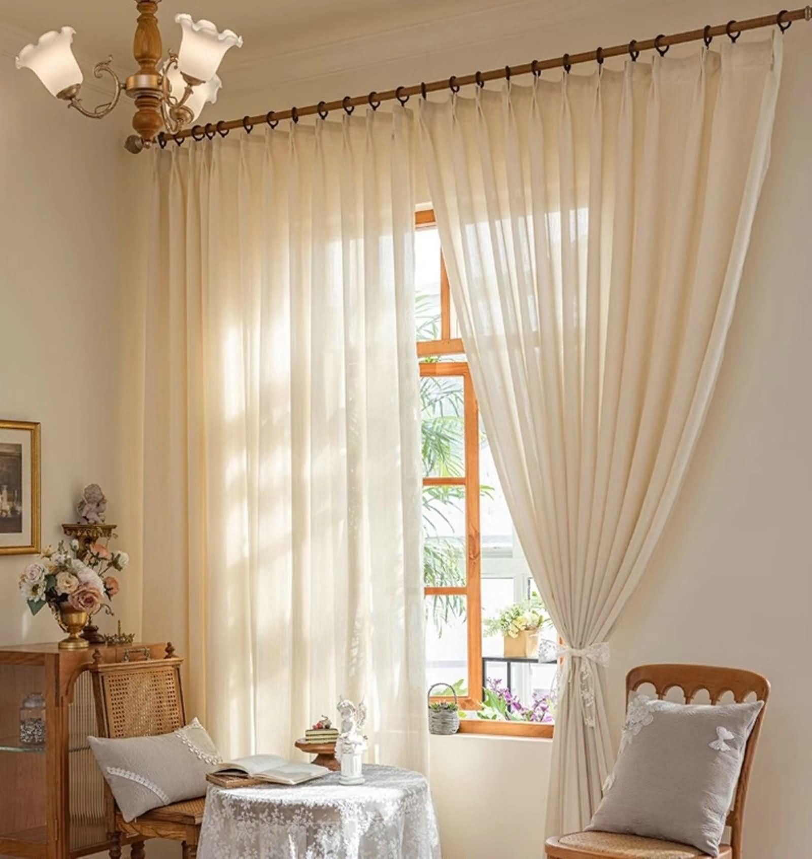 Homxi Curtain Semi Blackout Bedroom Set of 2,2 x 42W x 90H inch,Beige Yellow Curtain Drapes Study Solid Color with Leaves Jacquard Curtains for Bedroom Hooks