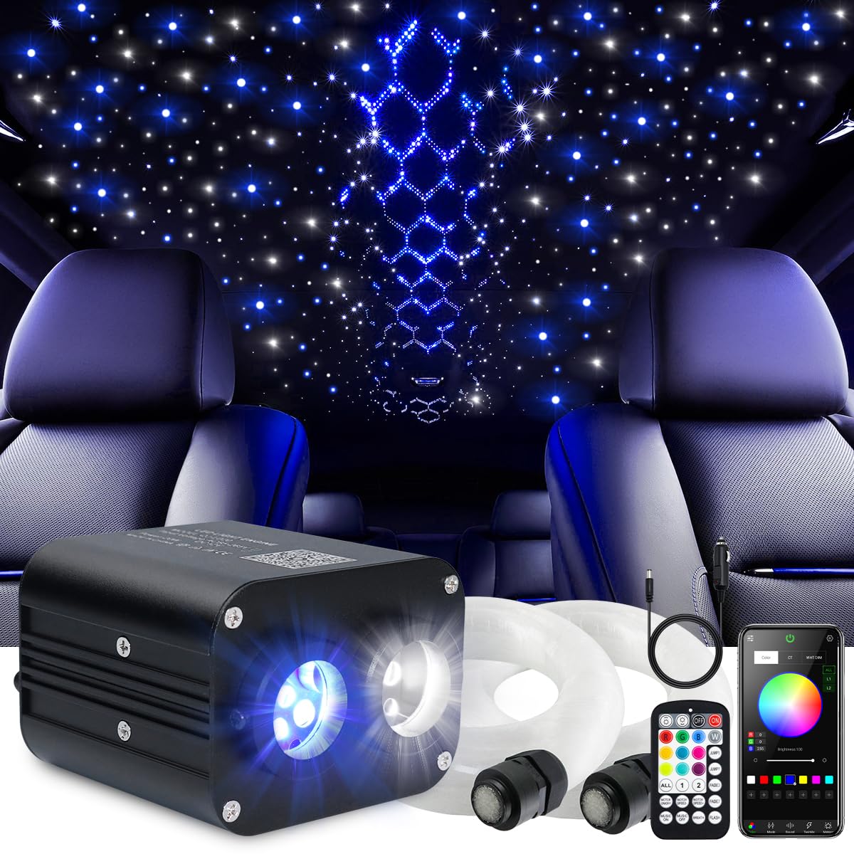 Starlight Headliner Kit,Twinkle + Music Sync Dual Color Fiber Optic Star Ceiling Lights with APP Remote Control, RGBW Star Lights for Car/Home Ceiling Decor, 900pcs 9.8ft