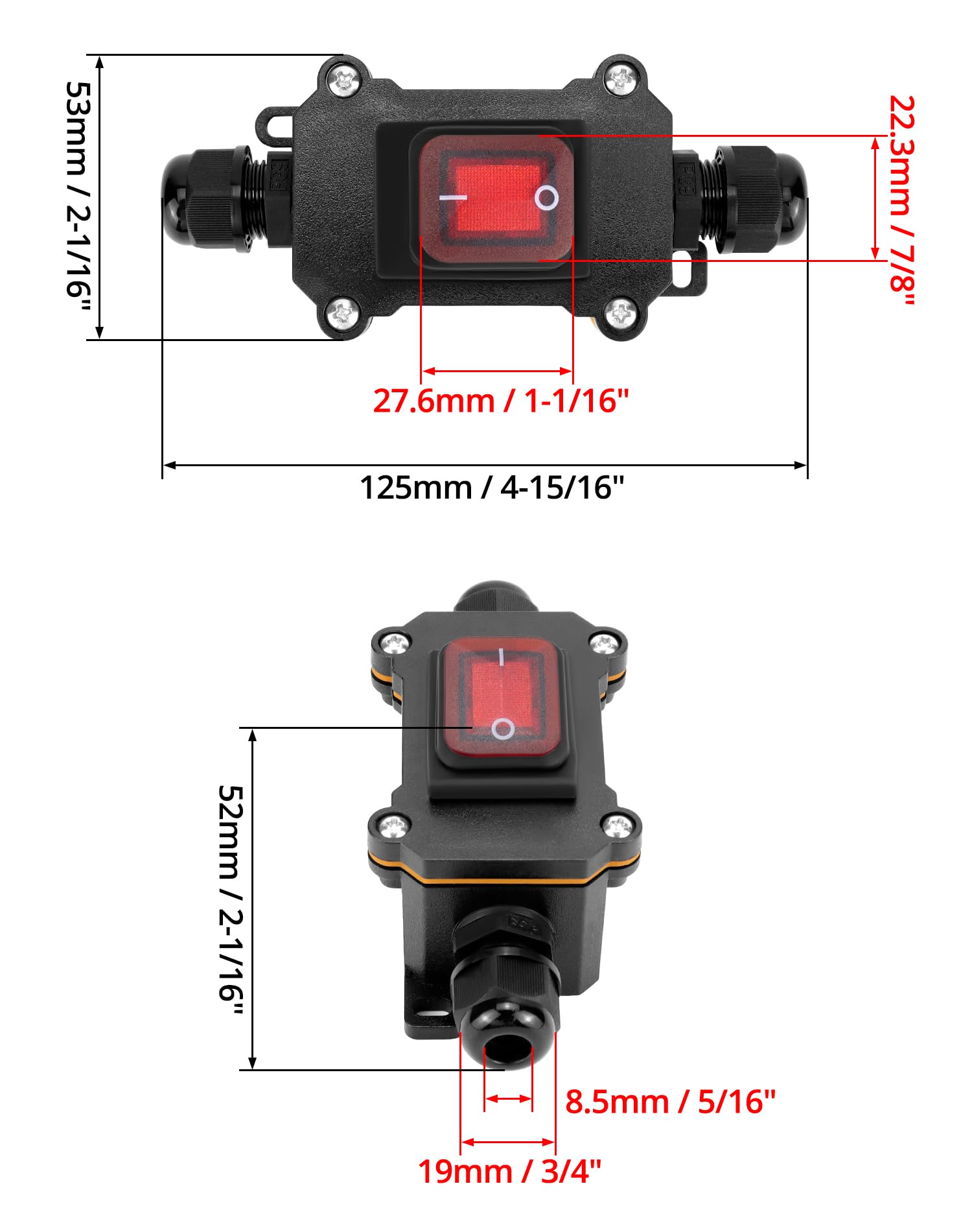 QWORK® Interruptor de cable en línea impermeable IP65 con luz indicadora roja, 220V 30A, DPST de 4 pines, control de encendido/apagado de doble posición