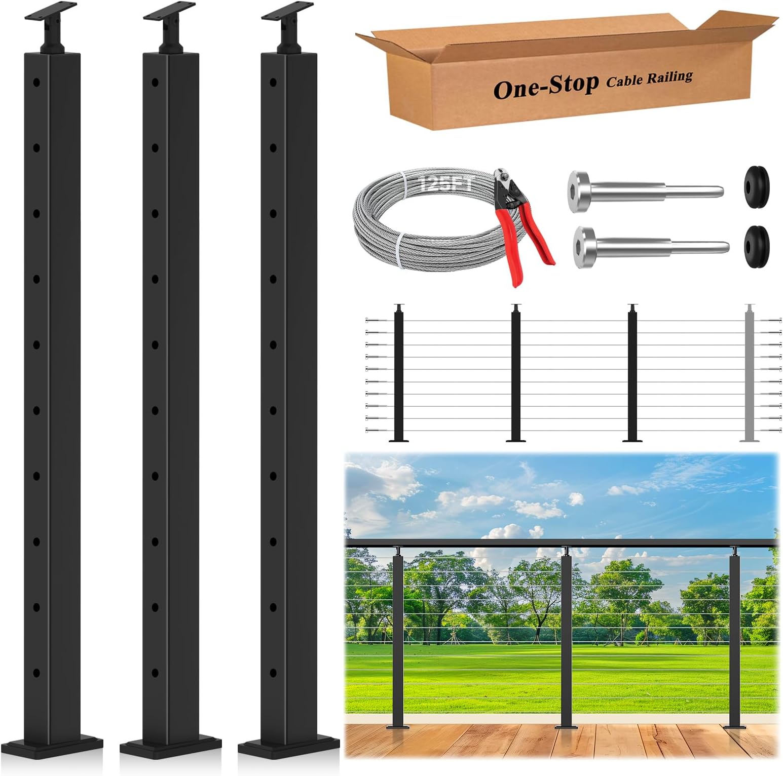 36" Complete Set Cable Railing Post Kit, 3 Pack Level Drilled Cable Deck Railing System DIY Kit Including 3 Adjustable Top Cable Posts, 125FT 1/8" Cable, 20 Terminal, 60 Grommets (No Handrail)