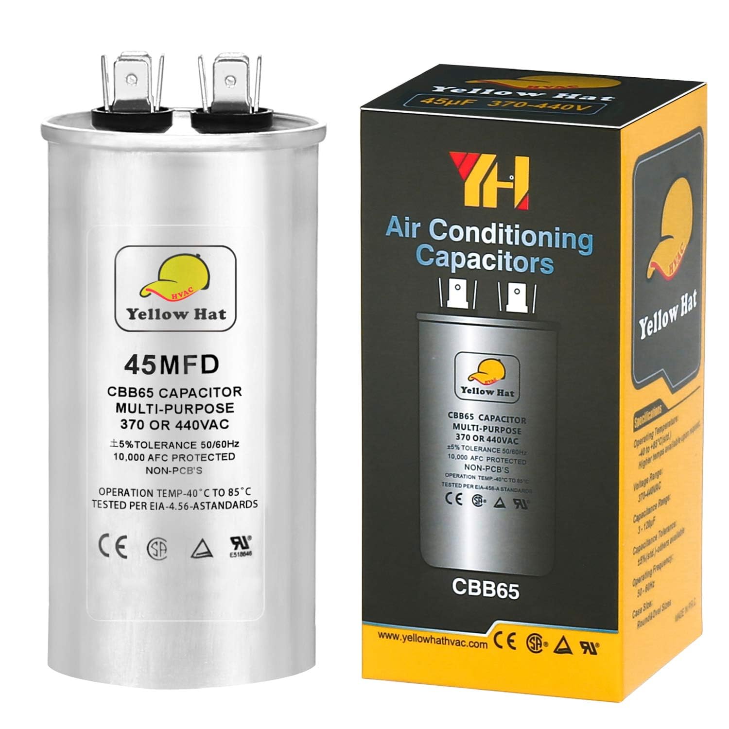 Capacitor for Air Conditioner 45 uf MFD 370 or 440 Volt VAC, Multi-Purpose Round Capacitor for AC Motor Run or Fan Motor Start or Condenser Straight (2 Packs)