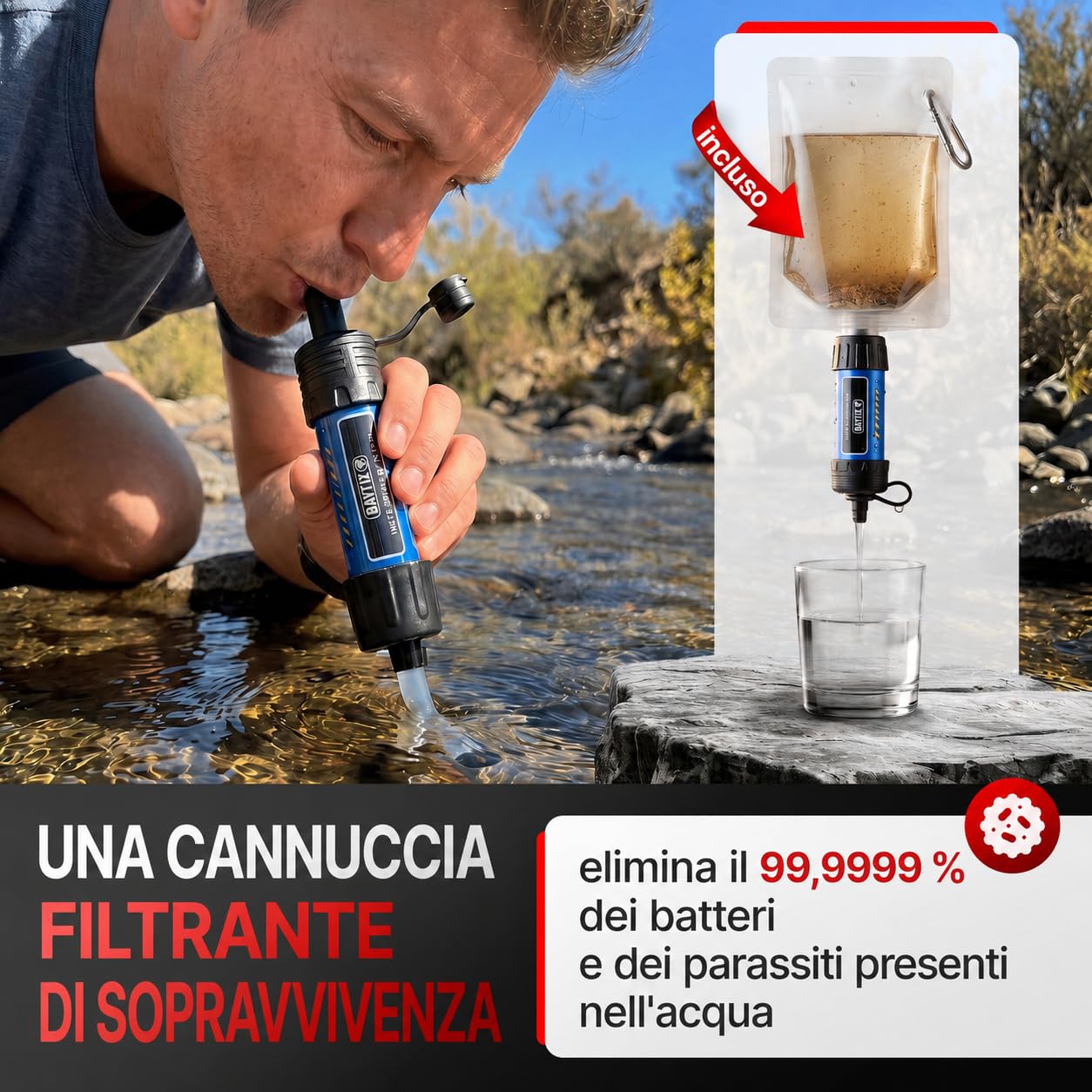 WONCROW ® Kit Sopravvivenza + Pronto Soccorso + Zaino Militare - Filtro Acqua Paglia + Coltello da Sopravvivenza - Campeggio Accessori Bici Auto Bambini Completo Trekking mtb Utensile Multifunzione