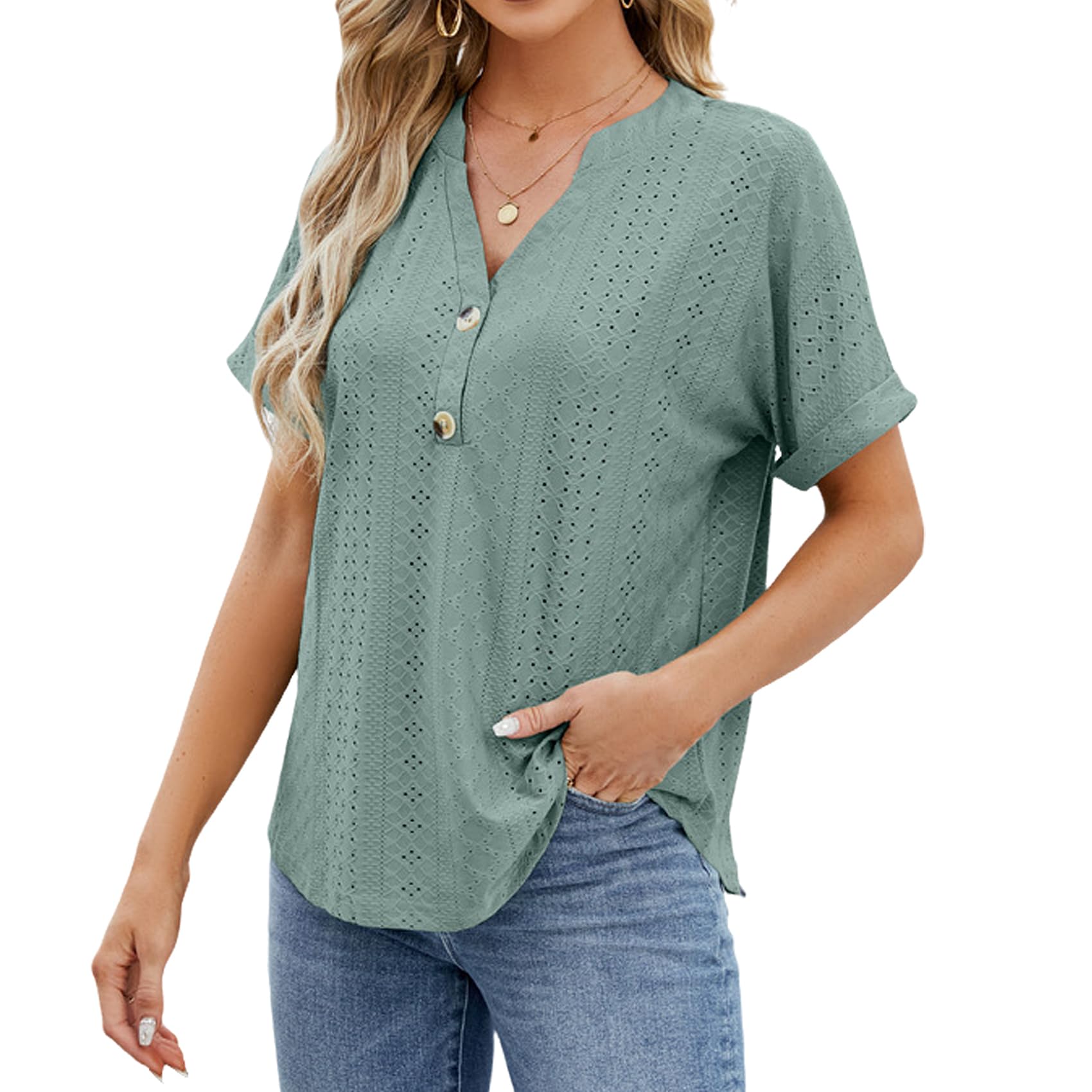 Atxnn Camiseta Mujer con Cuello en V Blusa Elegantes de Verano Tops de Manga Corta Camisa Holgado Informal Túnica de Ojales