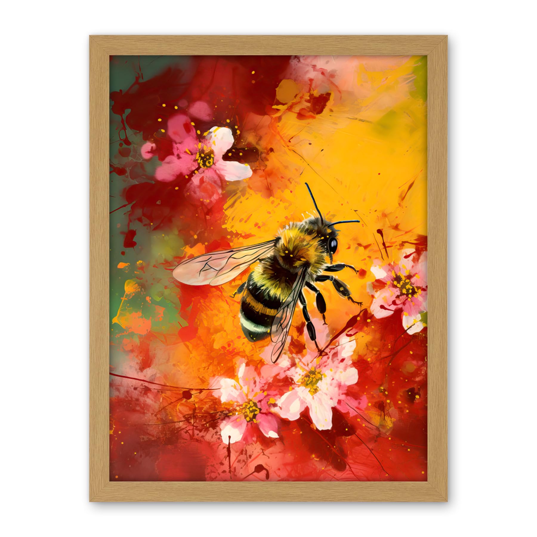 Artery8 Honey Bee on Abstract Flower Bed Oil Painting Artwork Framed Wall Art Print 18X24 Inch
