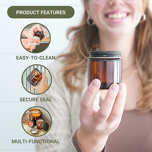 Miniatura 2 de Tarro de vidrio ámbar de 4 onzas, 12 paquetes, tarros redondos vacíos para productos de belleza, loción y polvos, tapa negra, tarros de vela pequeños