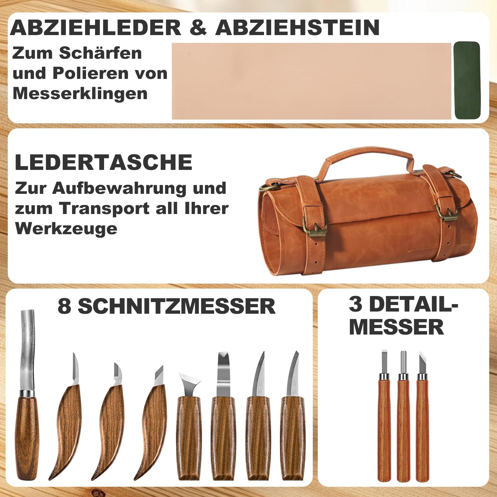 Set de herramientas de tallado en madera, de 14 piezas, con bolsa de almacenamiento de cuero, con 8 cuchillos de tallado y 3 cuchillos de tallado de detalle y piedra de afilar y cuero de asentado para