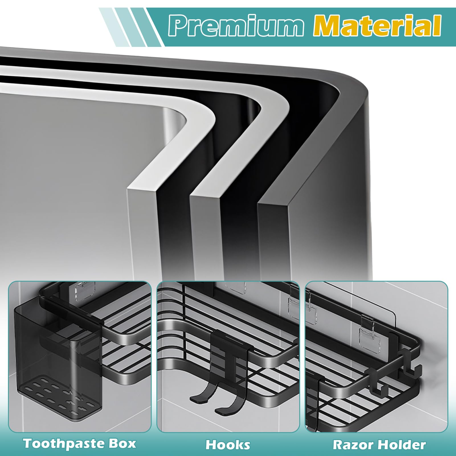 Mensola Doccia Senza Foratura 2 Pezzi - Nero, Acciaio Inox, 8 Ganci, Adesiva, Impermeabile - Foto 11