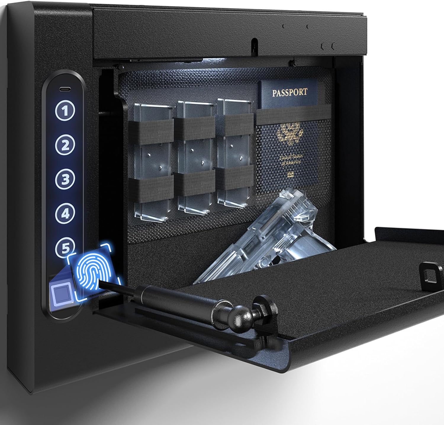 XDeer Biometric Wall Safe with Gas Strut for Quick Access, Hidden Storage for Full-Size, LED Light, Silent Mode, and Backlit Digital Keypad S008QG