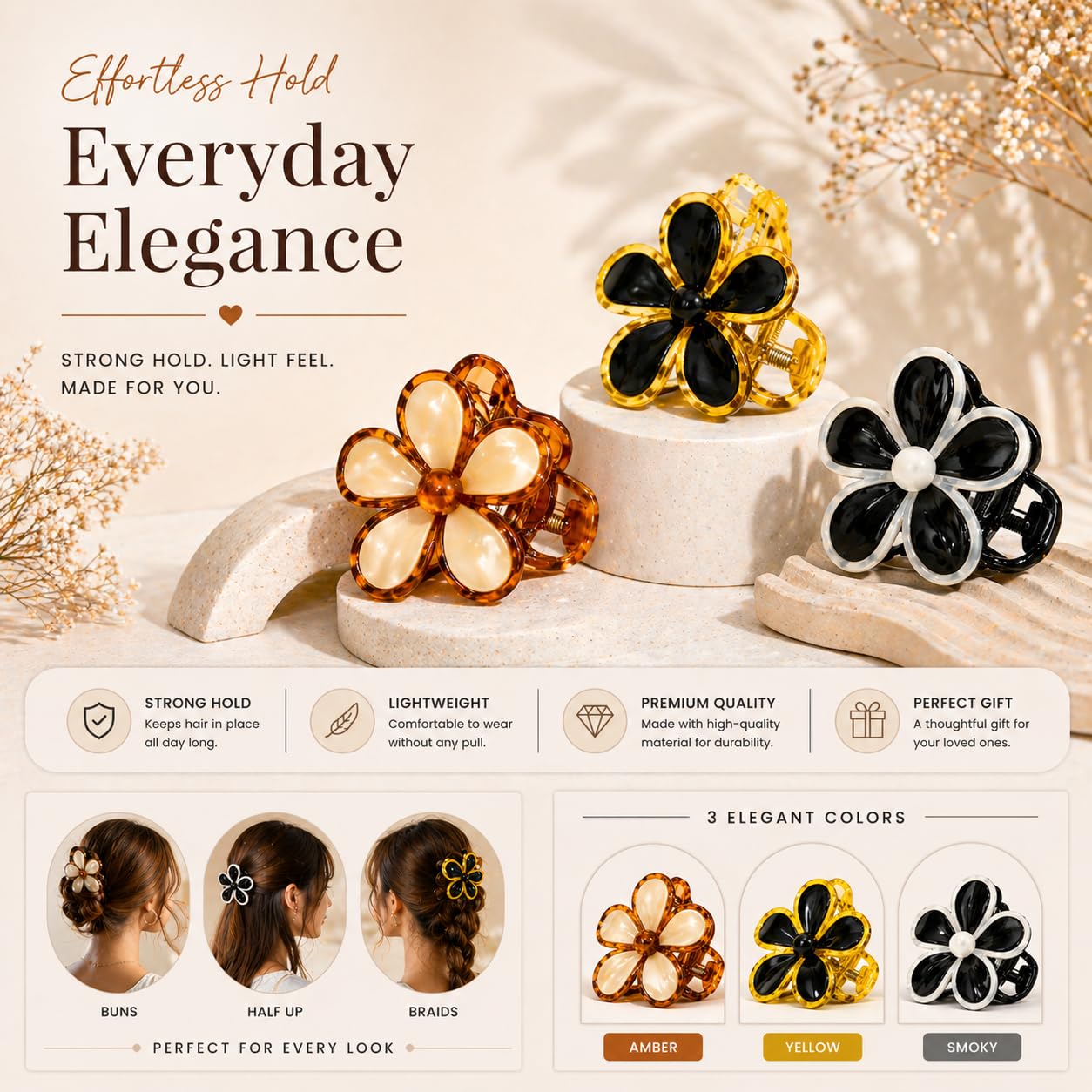 Dflora Flower Claw Clips for Women Girls, 3 PCS Strong Hold Hair Claw Clips, Floral Hair Accessories for Thick Thin Hair, Cute Aesthetic Hair Clutcher Set, Amber Yellow Black image 5