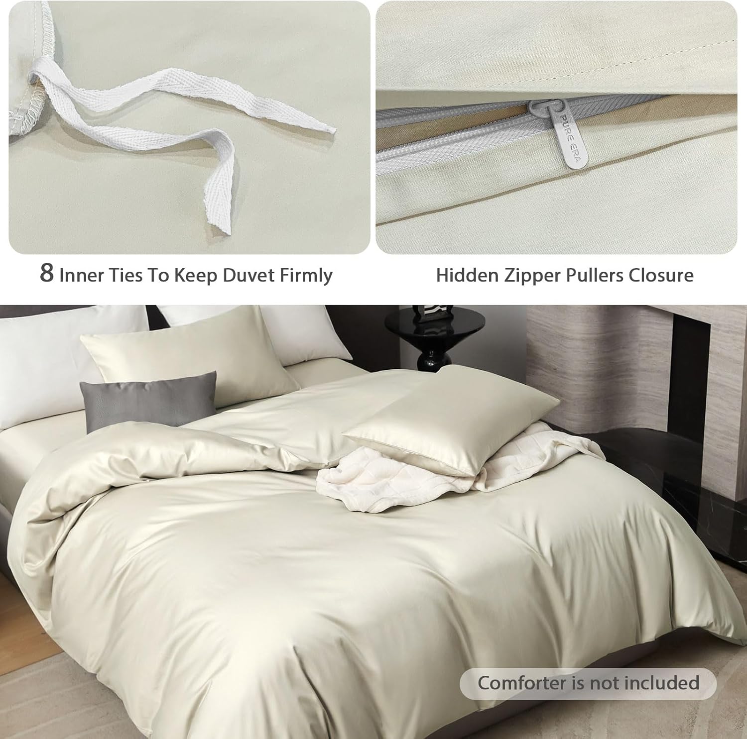 PURE ERA Duvet Cover Set 800 Thread Count Long Staple Cotton Sateen Soft Luxurious Smooth 3 Piece Set Beige King - Image 3