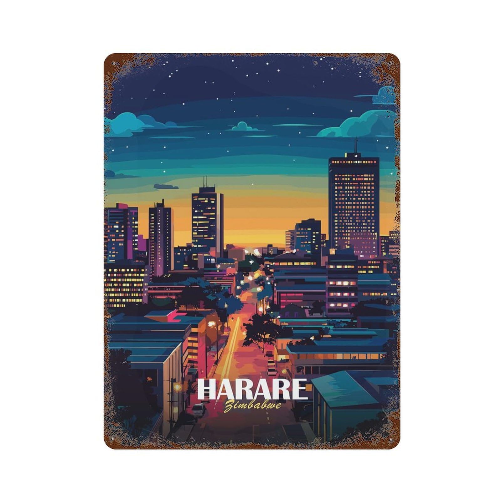 Harare, Zimbabwe Cityscape at Night Rustic Tin Plaque 15.7"x11.8", for Living Room, Hallway And Home Decor, Decorative Metal Wall Art