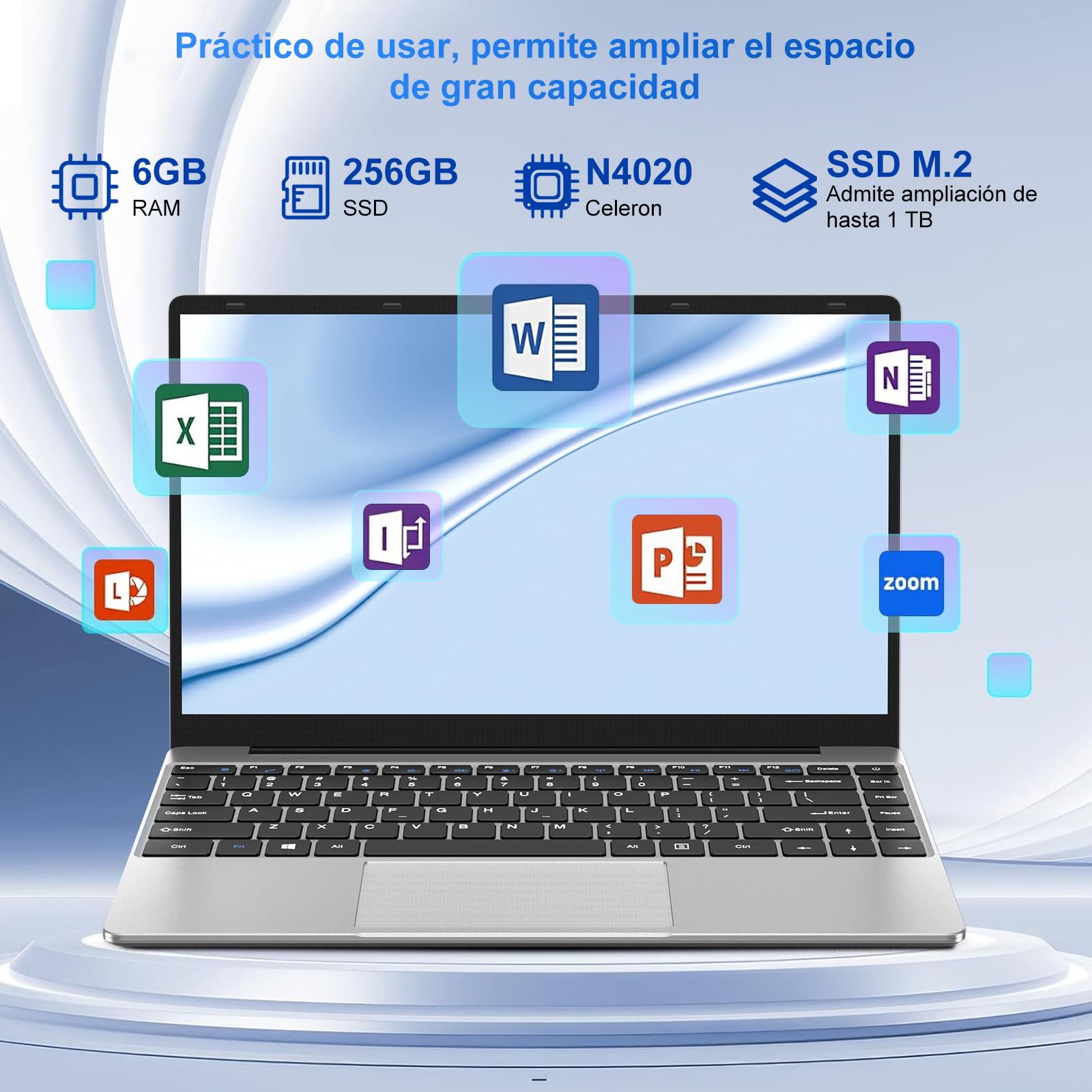 Ordenador Portátil Win 11 con 5G WiFi, Portátil 14 Pulgadas 6GB RAM 256GB SSD Expansión SSD 1TB, Bluetooth 4.2 3.0 Transmisión Puerto 1920*1080 FHD Portatiles Buenos & Mini Puerto Multimedia-Plata