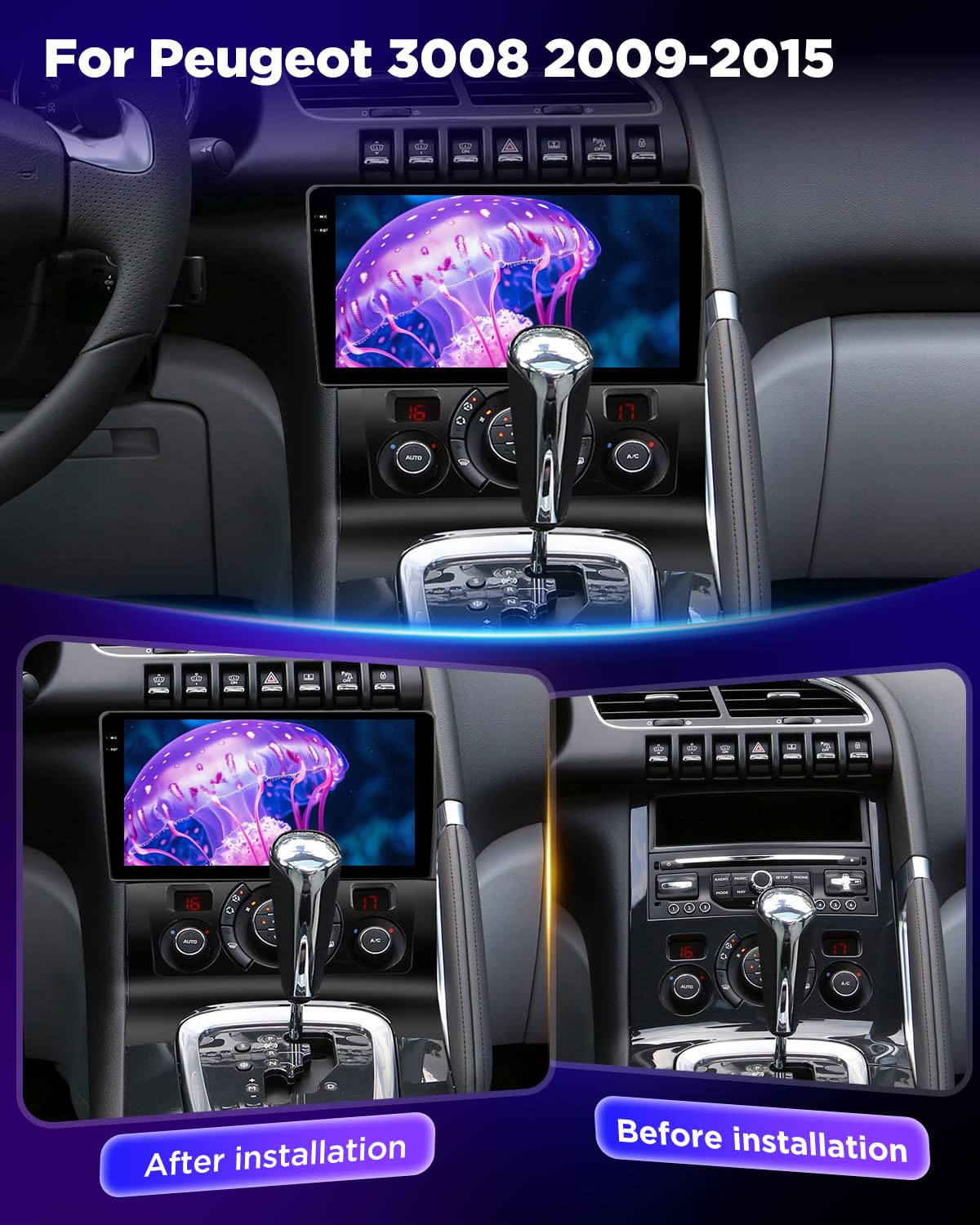NHOPEEW Autoradio 4+64G Android pour Peugeot 3008 2009-2015 avec Carplay sans Fil et Android Auto - Écran incell 9 Pouces Prise en Charge WiFi GPS Commandes au Volant + Caméra de recul, Canbus