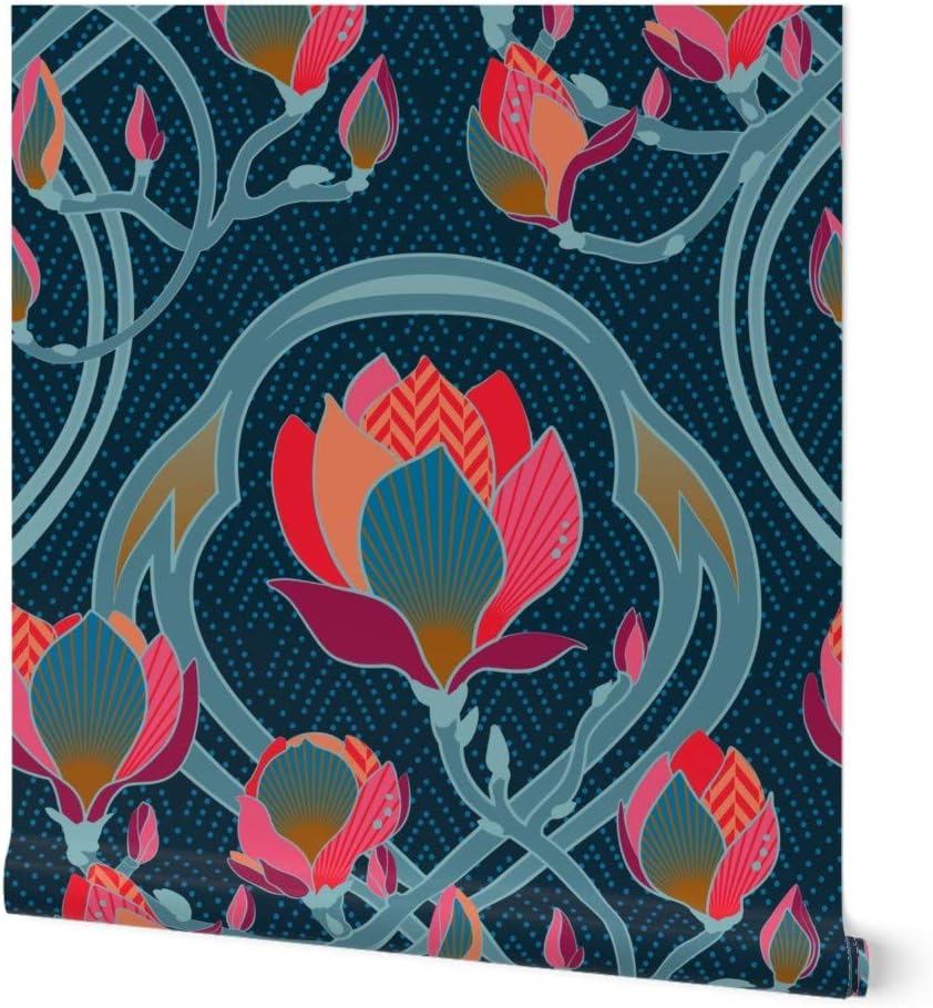 Removable Wallpaper 9ft x 2ft - Art Nouveau Big Scale Home Decor Pink Vintage Blue Flowers Spring Floral Inspired Deco Coral Custom Pre-Pasted Wallpaper by Spoonflower