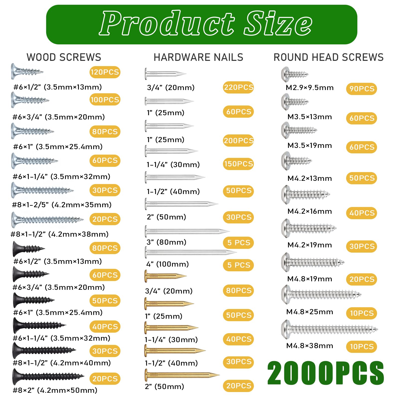 Juego de 2000 clavos de hardware y tornillos de madera de alta dureza y tornillos de chapa de cabeza redonda, cabeza plana, tornillos de madera, galvanizados, para colgar cuadros, madera, clavos