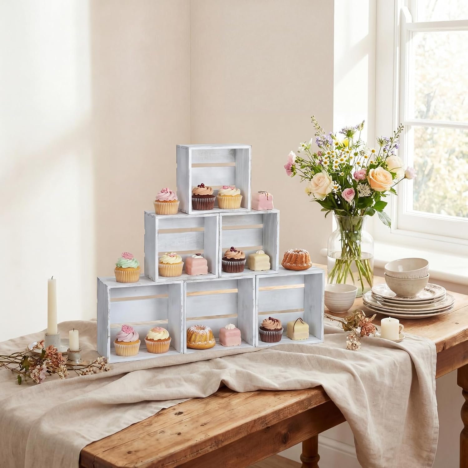 6 Pcs Rustic Wood Cupcake Stand Wedding Cupcake Display Crates Stackable Distressed Food Risers for Buffet Dessert Table Display,wedding,birthday party (Brown)