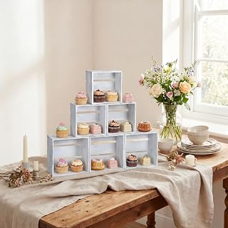 6 Pcs Rustic Wood Crates Cupcake Stand Decorative Wedding Cupcake Display Crates Stackable Distressed Food Risers for Buffet Dessert Table Display, Wedding, Birthday(Antique White)