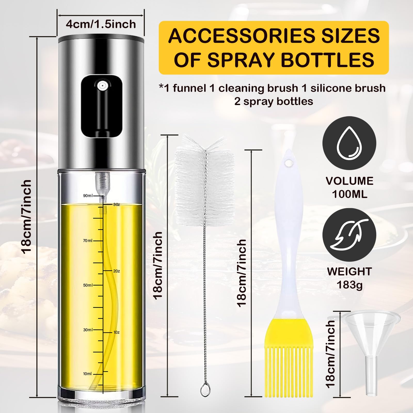 Spruzzino Olio Per Friggitrice Aria 100ml - 2 Pezzi Con Spazzole E Imbuto, Vetro Alimentare - Foto 6