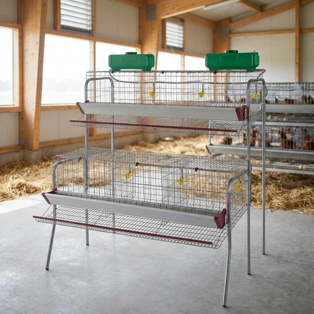 Suinga Batteria GALLINAS PONTORI 6 dipartimenti. Capacità: 30 galline. Dimensioni: 155 x 110 x 150 cm. Include: protezione anti-spreco. Mangiatoia in impiallacciatura laccata.
