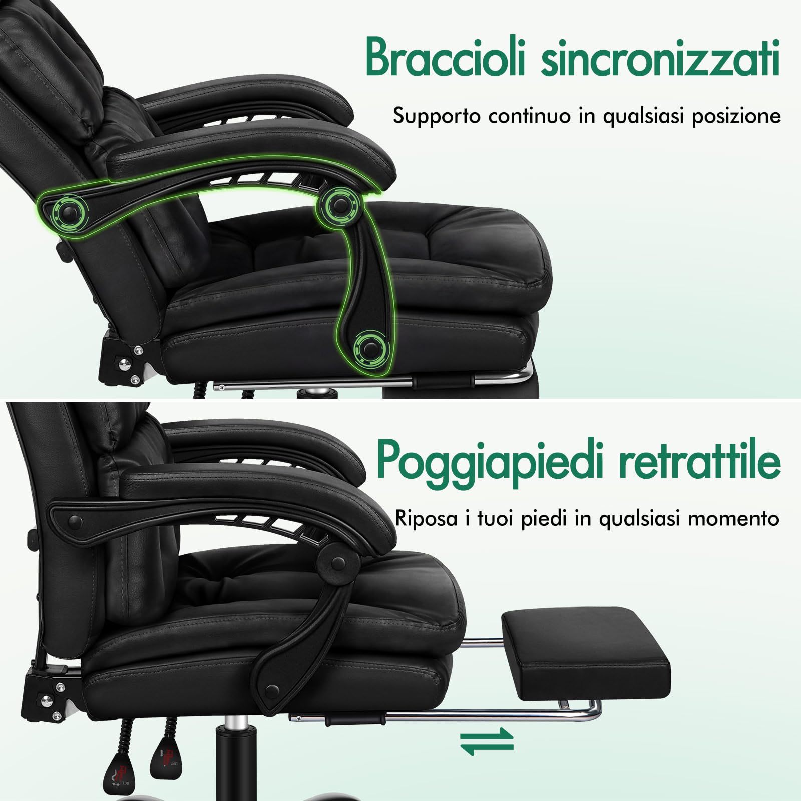 ALFORDSON Sedia da Ufficio Ergonomica, Poltrona Direzionale, Girevole e Altezza Regolabile, da Scrivania in Studio e Ufficio, con Rotelle con Poggiagambe, Portante di 180 kg, Similpelle(Nera)