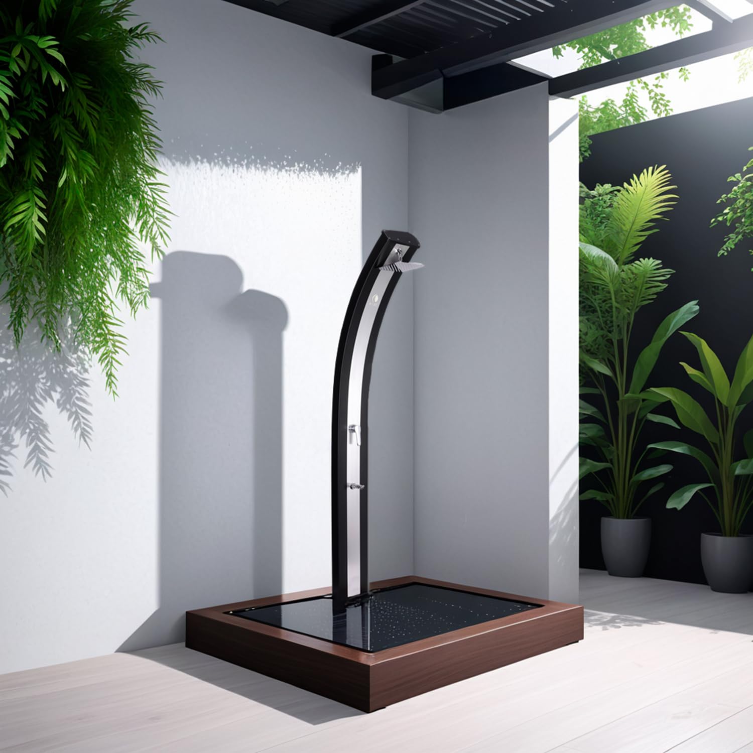 Sined Doccia Solare Nera in Alluminio con Fascia Centrale Inox Serbatoio 40 Litri Altezza 224 cm Miscelatore e Soffione Quadrato Modello Ella