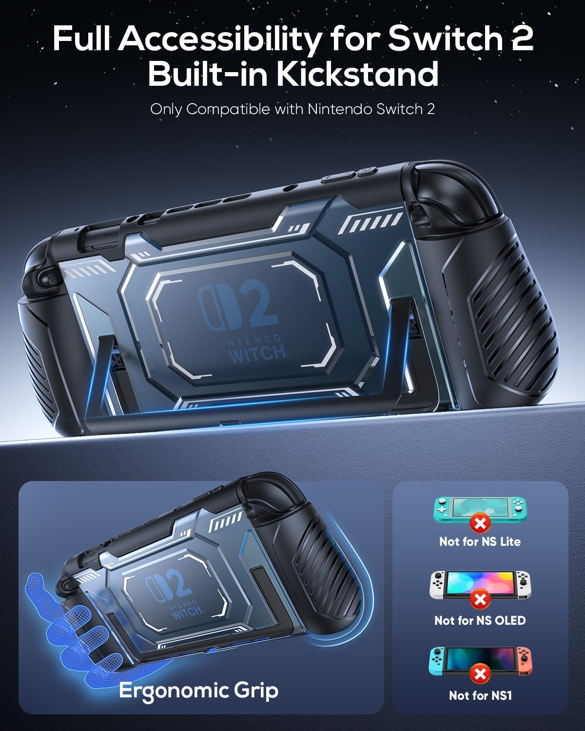 FASTSNAIL Switch 2 Protective Case, Protective Cover with Dockable TPU Middle Frame, Detachable Ergonomic Non-Slip Grips for Joycon 2, Comfortable Handheld Shell Case for Switch 2 Accessories - Blue