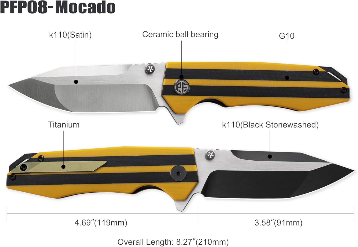 Petrified fish PFP08 Mocado Pocket Knife,3.58" K110 Steel Black Stonewashed Blade, 5.64oz G10 Handle Flipper Liner lock Folding knife (Yellow Black Stonewashed)