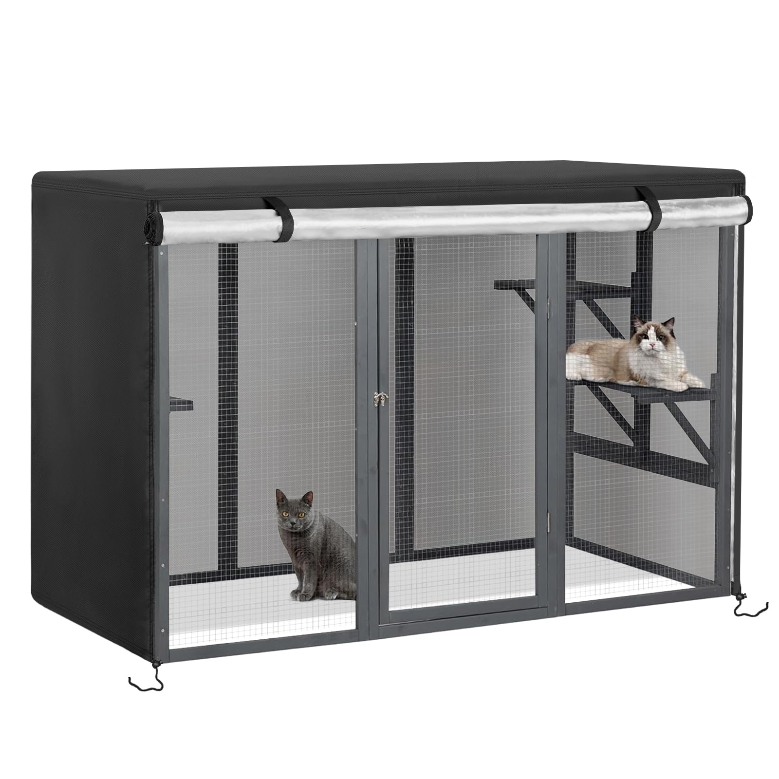 Kingling Outdoor Cat House Cover - Outdoor Cat Cage Cover Waterproof Fits for Large Cat House, Feral Cattery Enclosure Cover for Cat Houses & Condos (Cover Only), Black, 182x83x112 cm