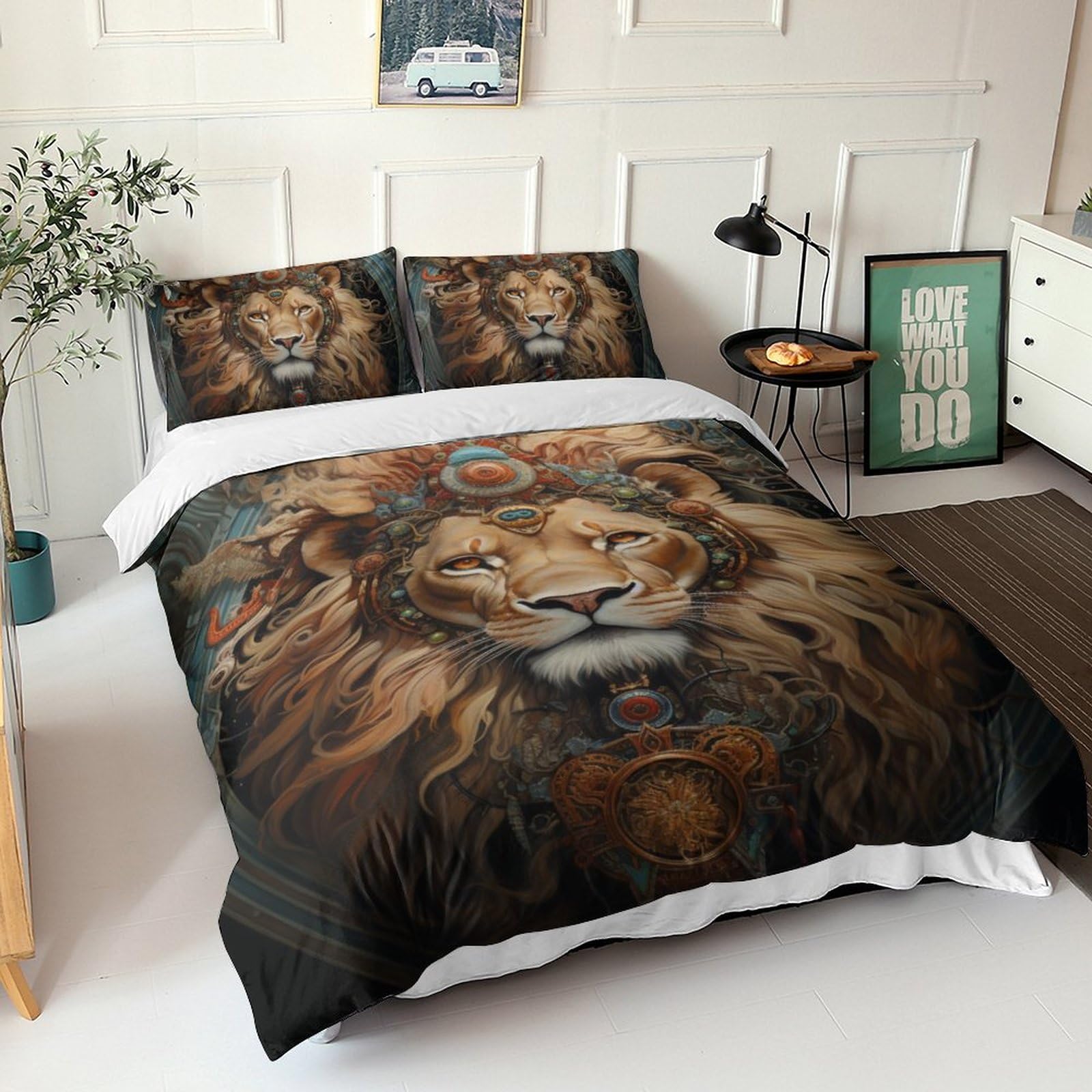 Ensemble housse de couette lion lit king pour stopper le linge terne