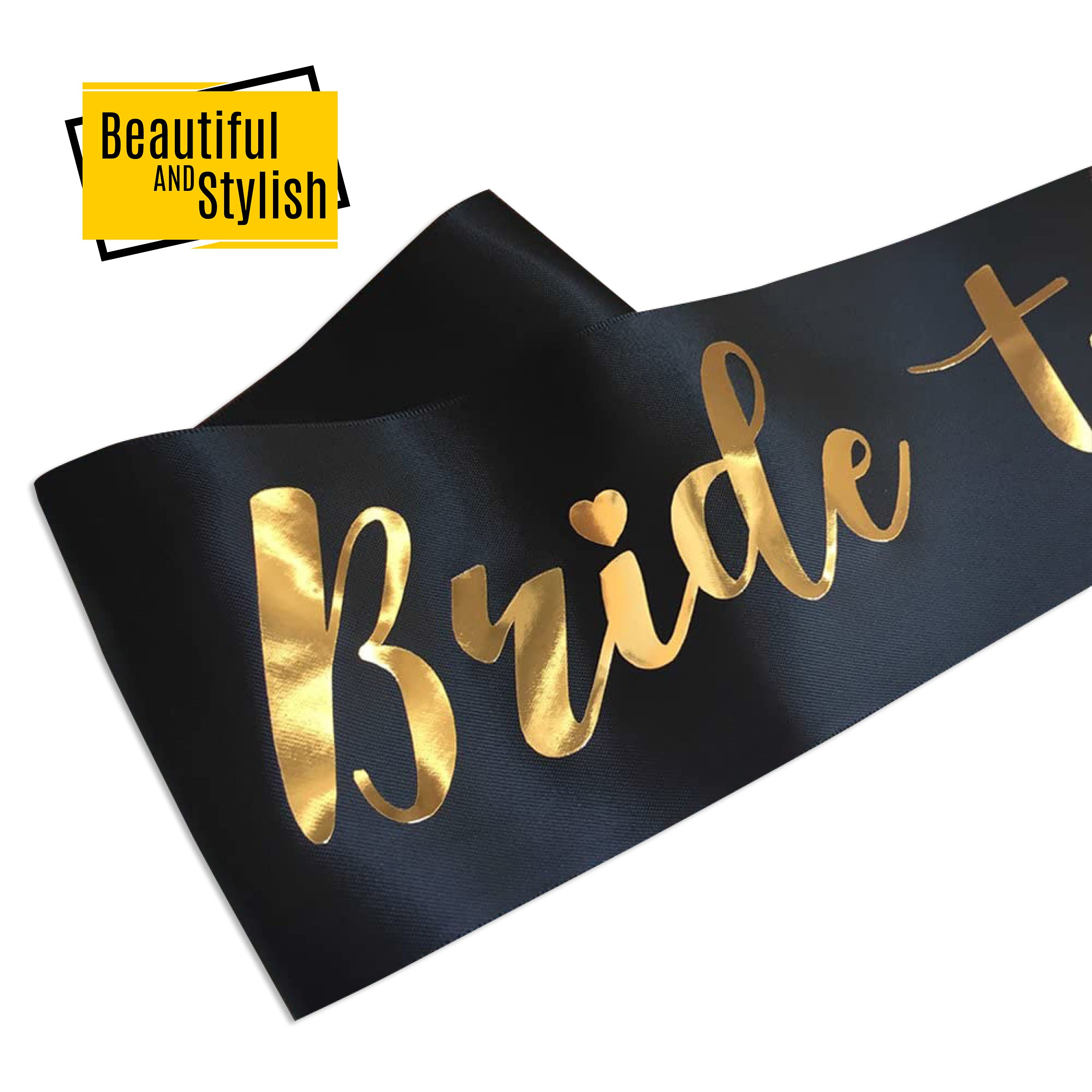 SYGA Silk Bride To Be Sash, Bachelorette Sash, Bridal Shower Hen Party Wedding Decorations Favors Accessories - Black With Gold Lettering 4