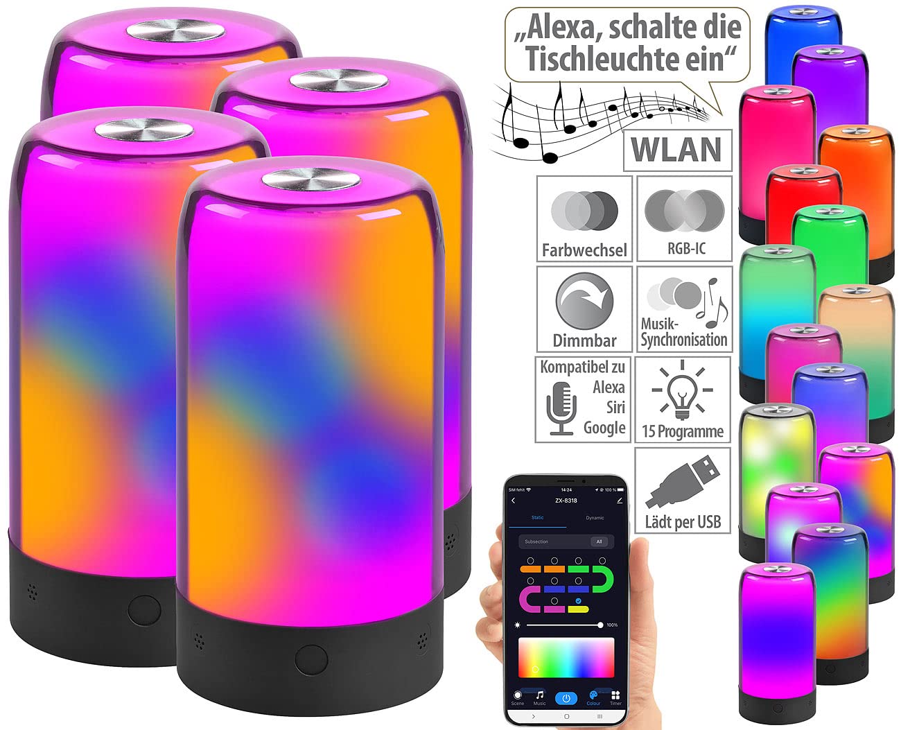 Luminea Home Control lampka dekoracyjna WLAN: Zestaw 4 sztuk Inteligentne lampy nastrojowe, czarny, kompatybilny z Alexą, Siri i Google Assistantem, Diody LED RGB-IC