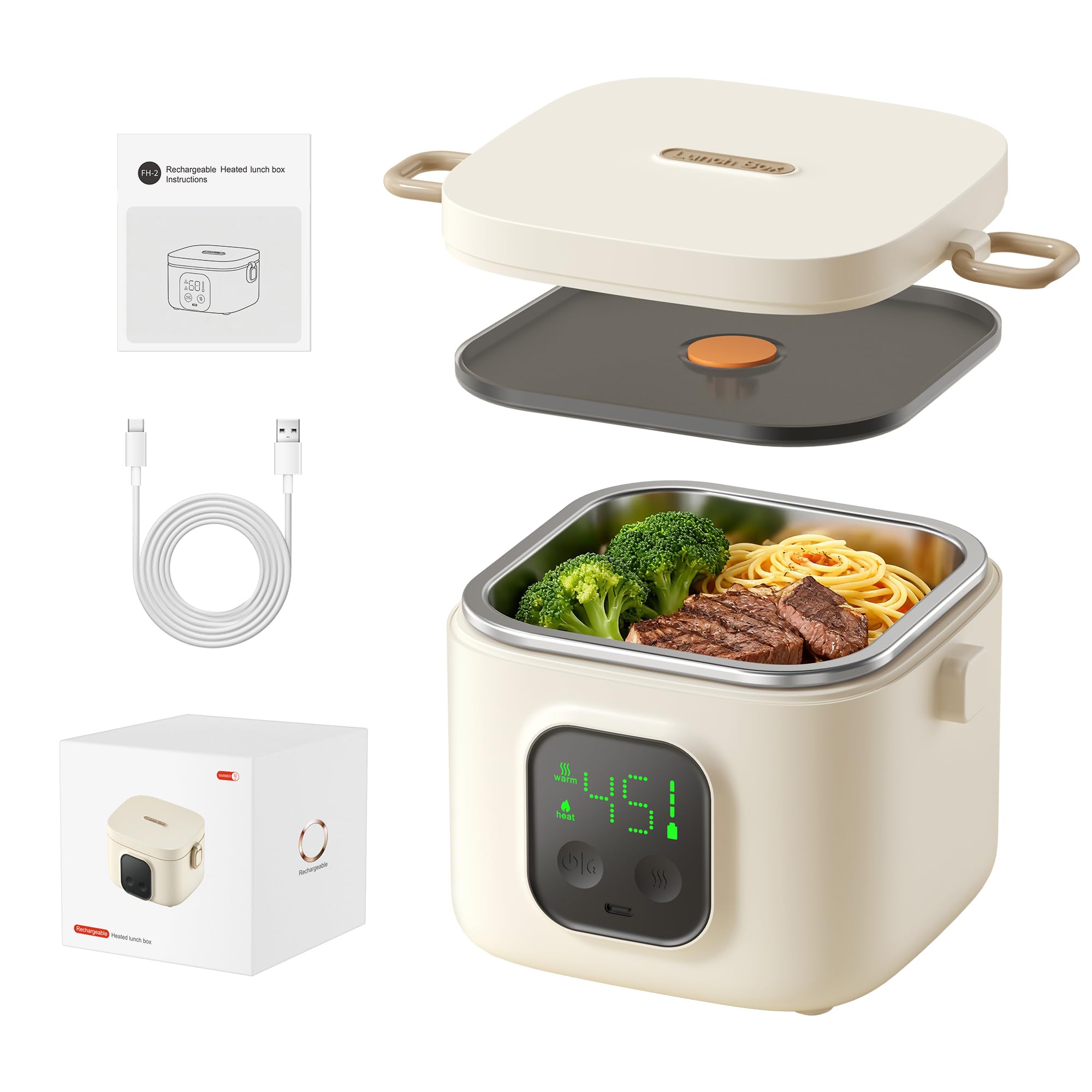 Fiambrera eléctrica, batería de 14000 mAh, inalámbrica, con temporizador y 5 niveles de temperatura, 800 ml para adultos y niños, caja de almuerzo recargable para coche, escuela, oficina, viajes