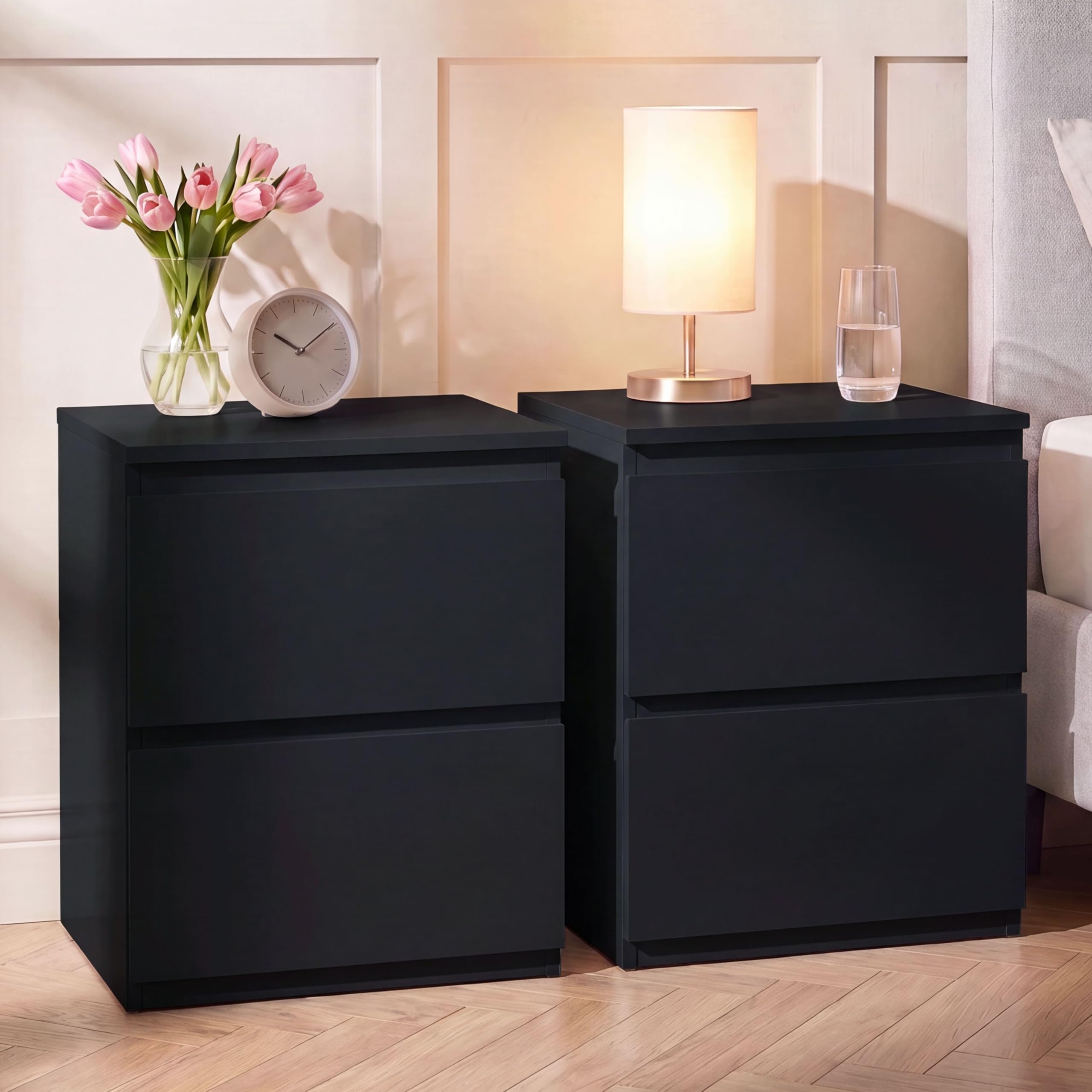 Vida Designs Denver Large 2 Drawer Bedside Chest set of 2 | Black | Space-Saving Storage | 52H x 39.5W x 39.5D cm | Large Side Table | Minimal | Smooth Metal Runner | Modern Bedroom Nightstand Unit