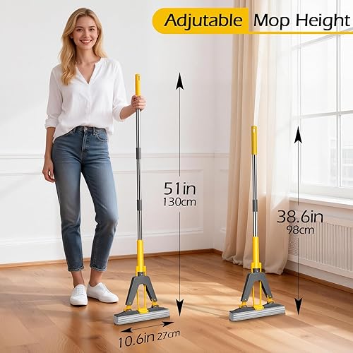 Miniatura 5 de MASTERTOP Trapeador de esponja, mopa autoexprimible con 3 repuestos de mopa absorbente de PVA, mopa de esponja con rodillo con mango de acero