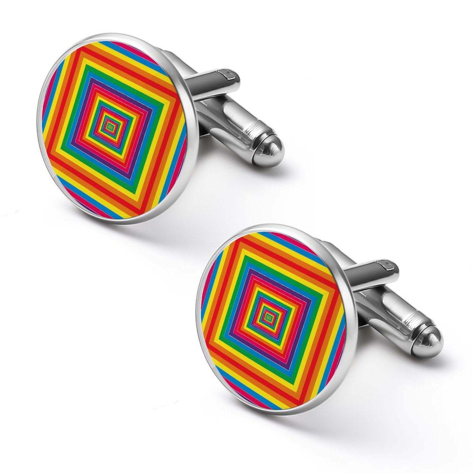Generic Gemelos personalizados cuadrados con diseño abstracto de arco iris para hombre, clásico, negocios, boda, camisa, gemelos, regalo de 0.7 pulgadas y 0.8 pulgadas