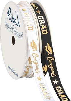 Ribbli 2 Rolls Graduation Ribbon,Congrats Grad Gold Satin Ribbon Use for Gift Wrapping,Graduation Party Decoration,3/8 Inches Total 20 Yards,White/Black