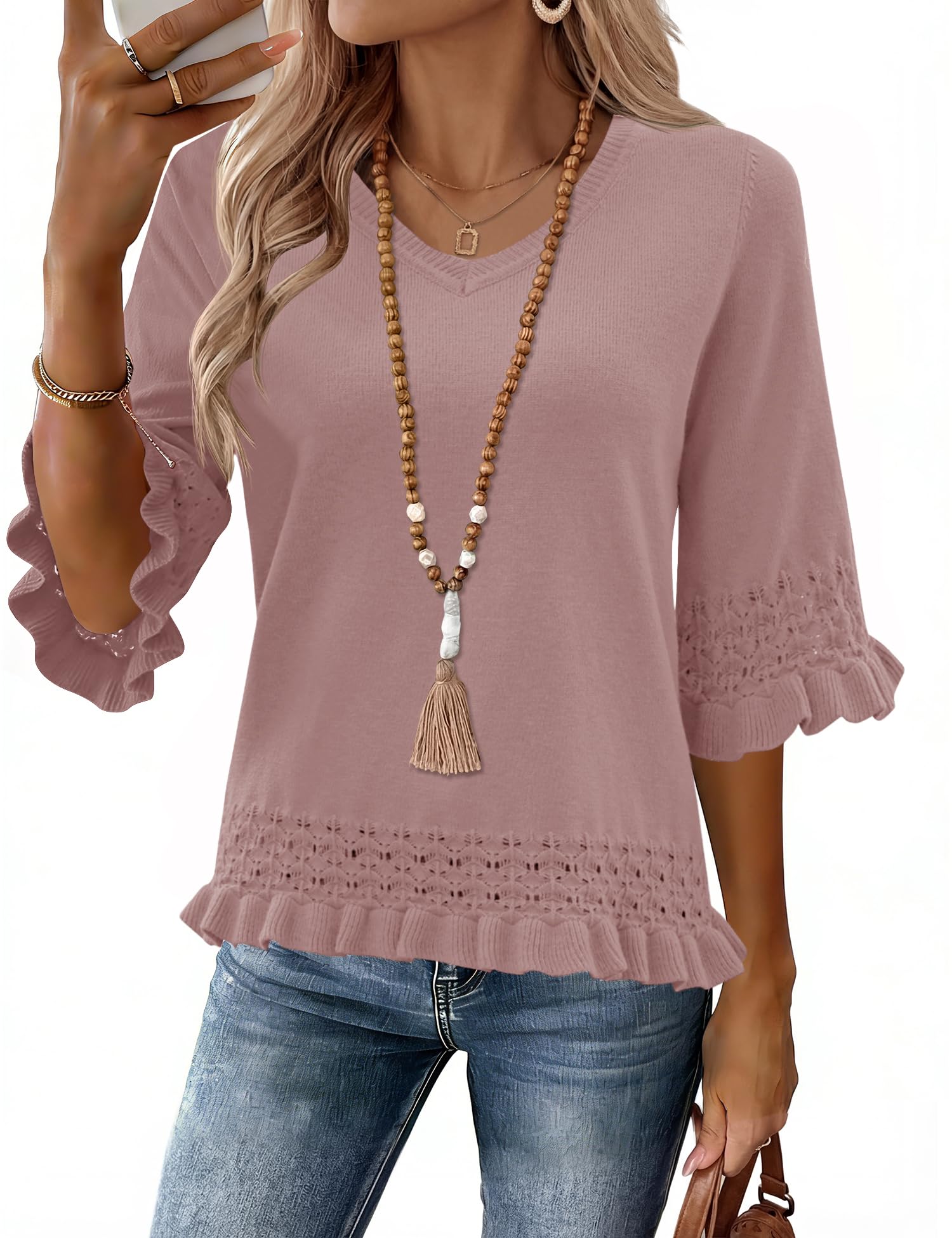 LOMON Women's Sweaters 3/4 Sleeve Business Casual Sweater V Neck Boho Tops Cute Crop Knit Peplum Pullover Spring Outfits — view 17